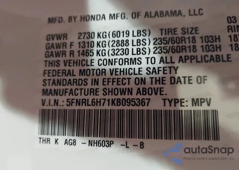 2019 Honda Odyssey Ex-L from USA, damaged, VIN 5FNRL6H71KB095367